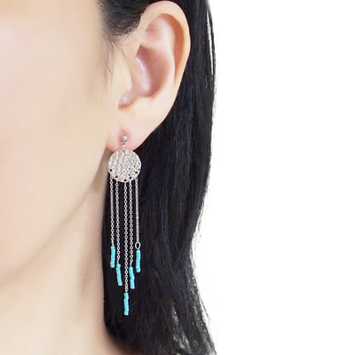Hammered coin with blue beads invisible clip on earrings ( Silver tone ) - miyabigracejewelry.com