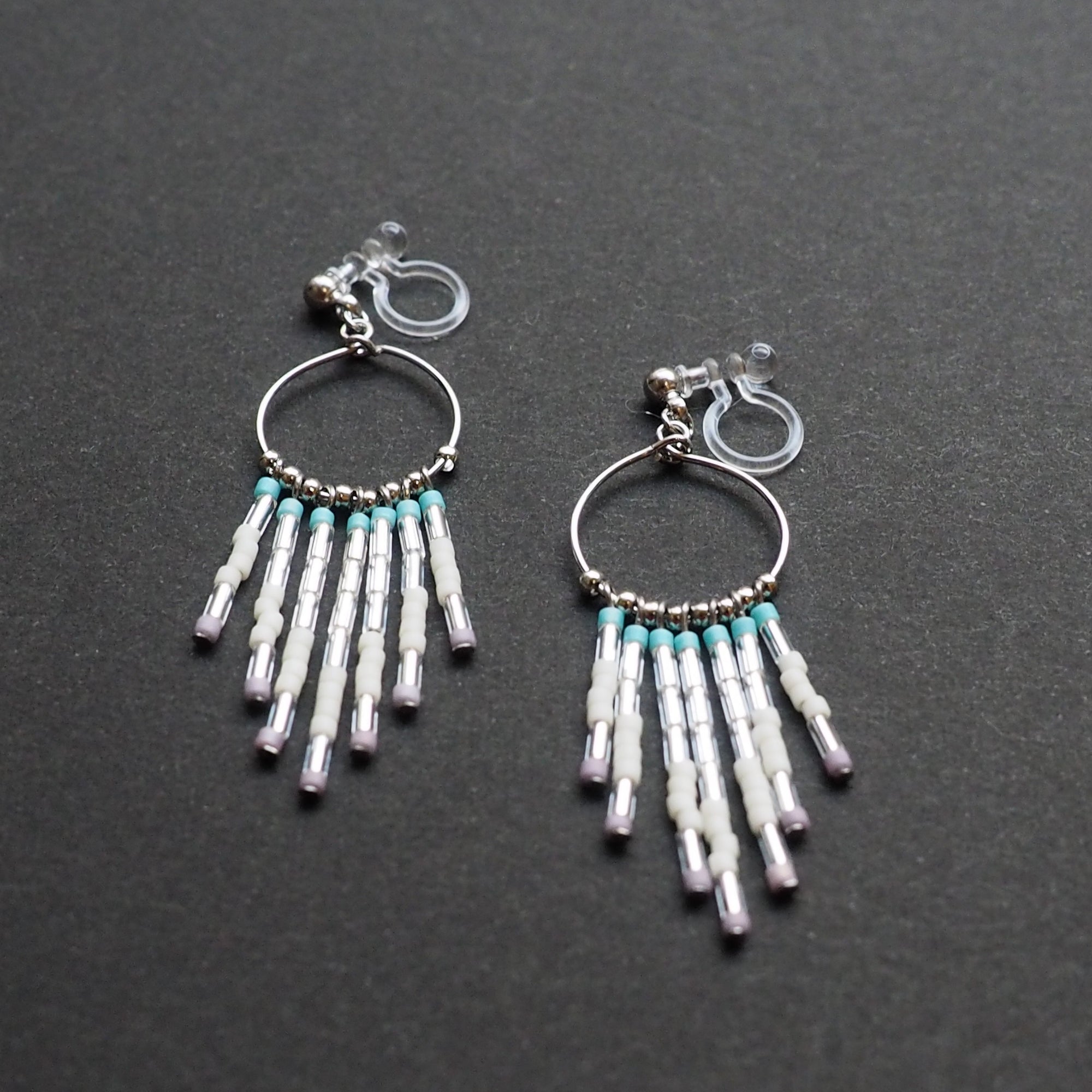 Hoop and beaded fringe invisible clip on earrings ( Silver tone ) - miyabigracejewelry.com