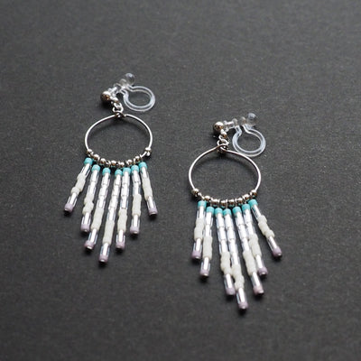 Hoop and beaded fringe invisible clip on earrings ( Silver tone ) - miyabigracejewelry.com