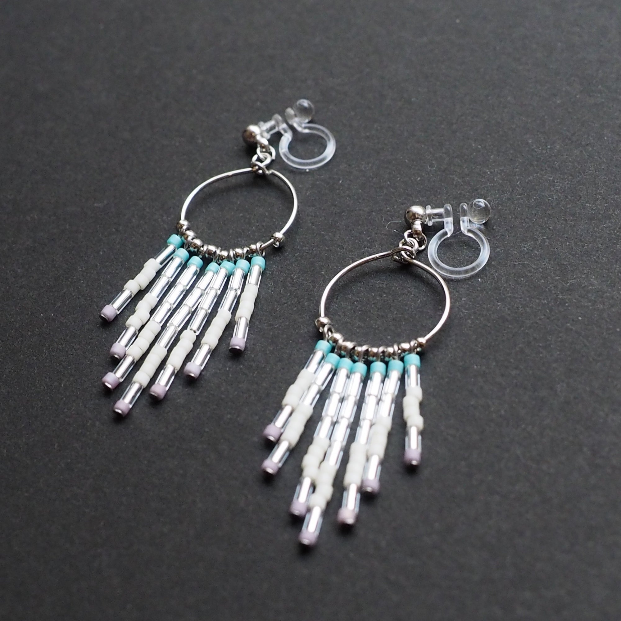 Hoop and beaded fringe invisible clip on earrings ( Silver tone ) - miyabigracejewelry.com
