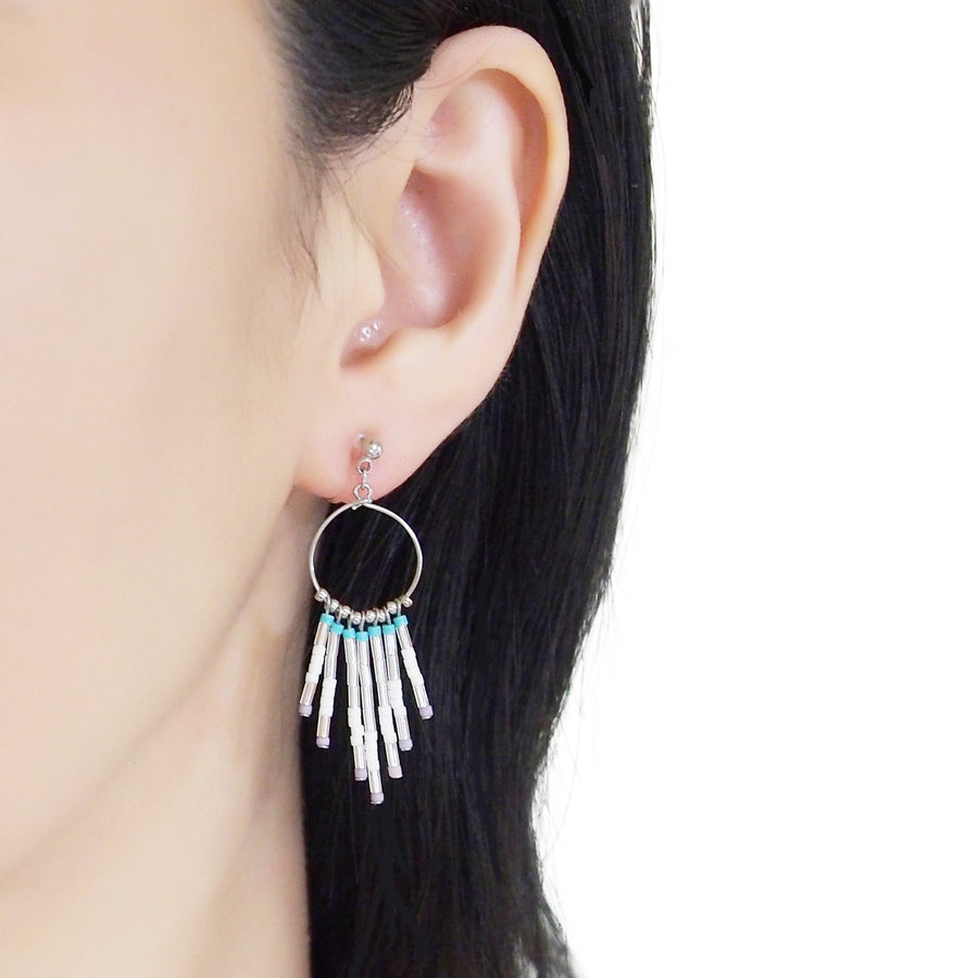 Hoop and beaded fringe invisible clip on earrings ( Silver tone ) - miyabigracejewelry.com