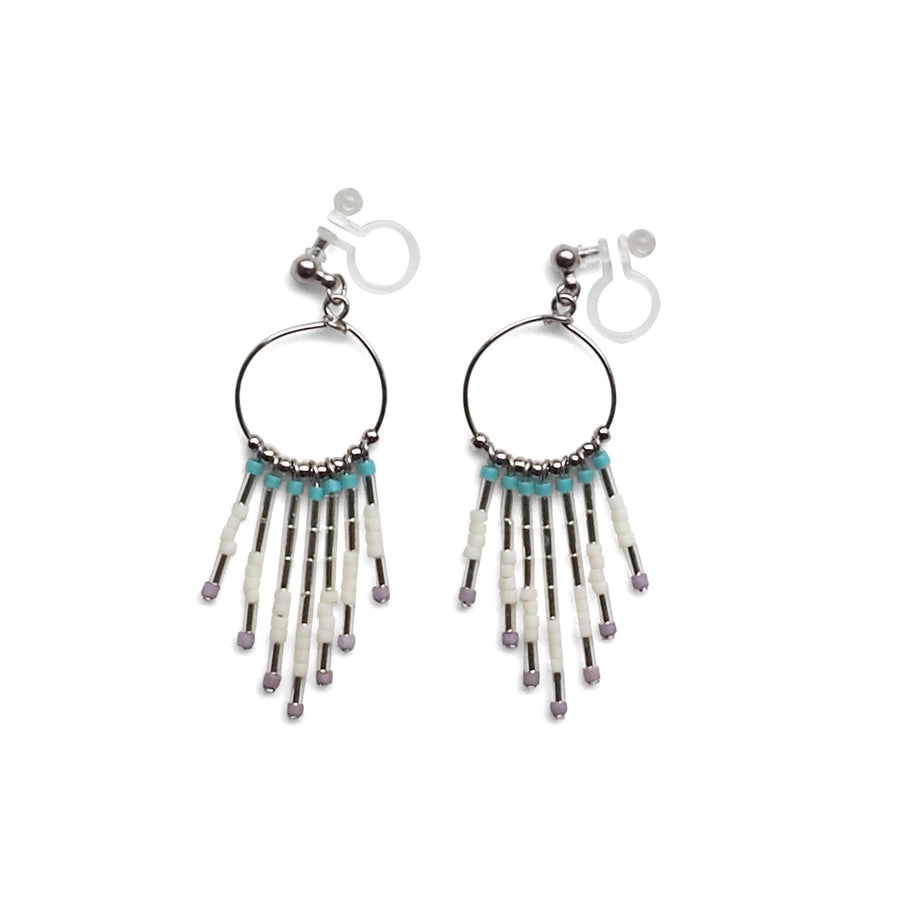 Hoop and beaded fringe invisible clip on earrings ( Silver tone ) - miyabigracejewelry.com