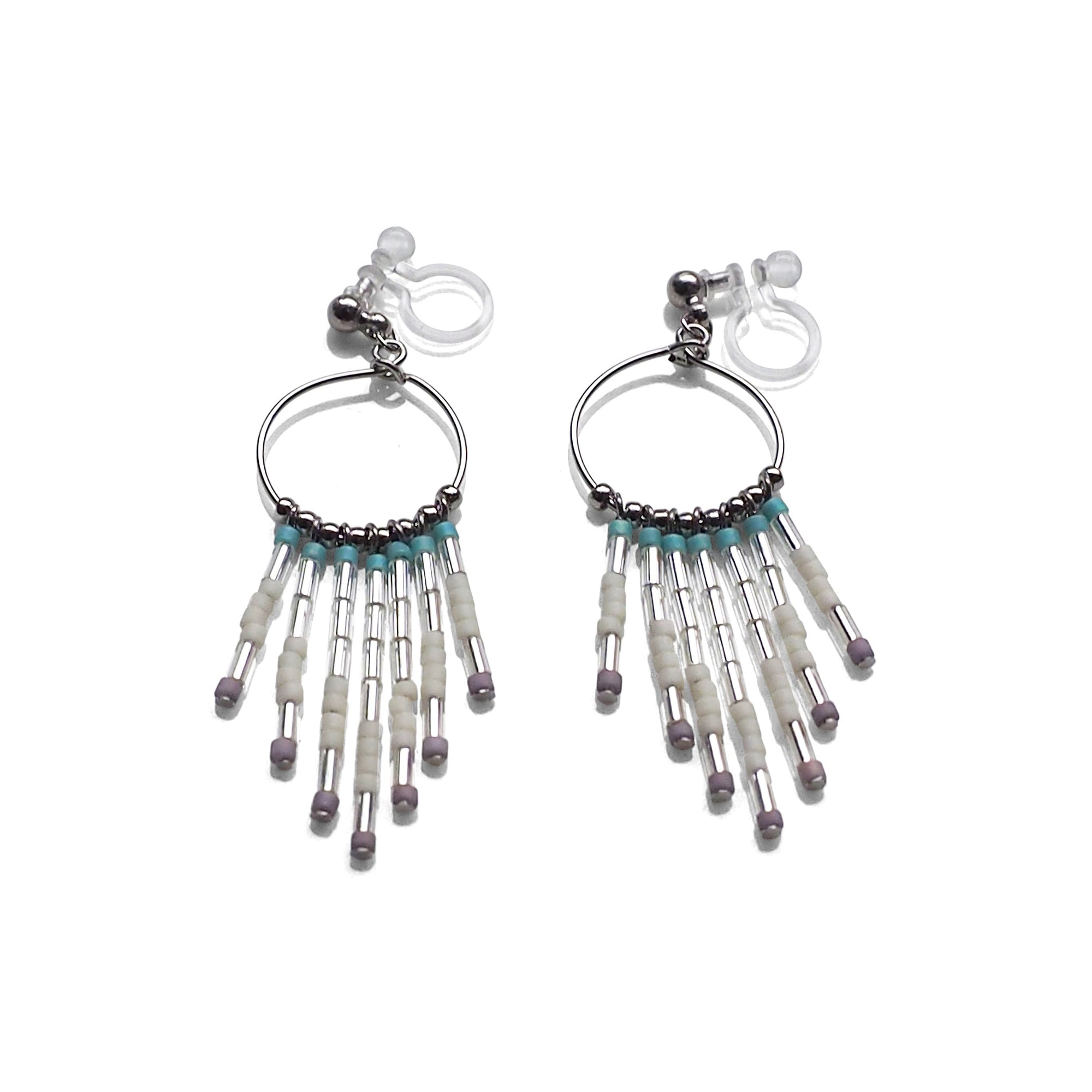Hoop and beaded fringe invisible clip on earrings ( Silver tone ) - miyabigracejewelry.com