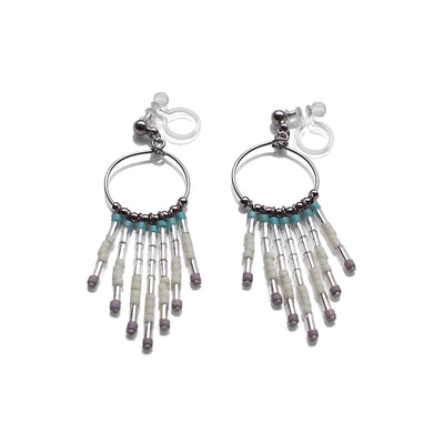 Hoop and beaded fringe invisible clip on earrings ( Silver tone ) - miyabigracejewelry.com
