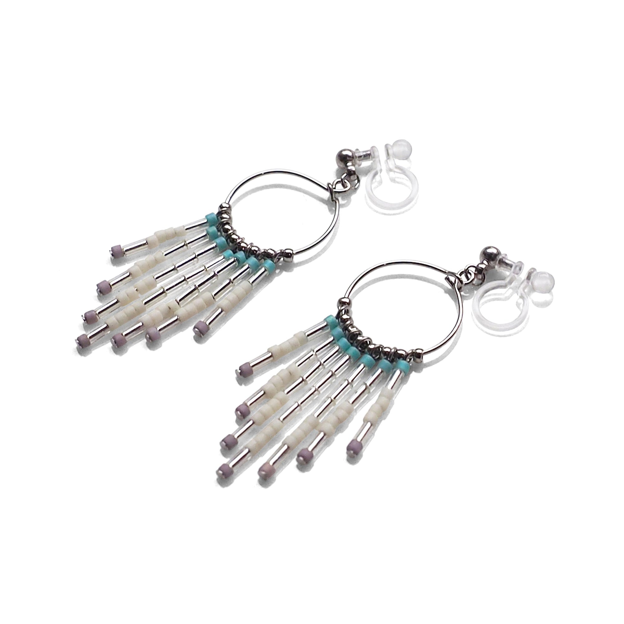 Hoop and beaded fringe invisible clip on earrings ( Silver tone ) - miyabigracejewelry.com