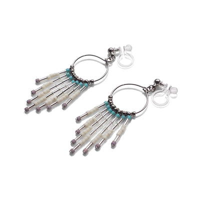 Hoop and beaded fringe invisible clip on earrings ( Silver tone ) - miyabigracejewelry.com
