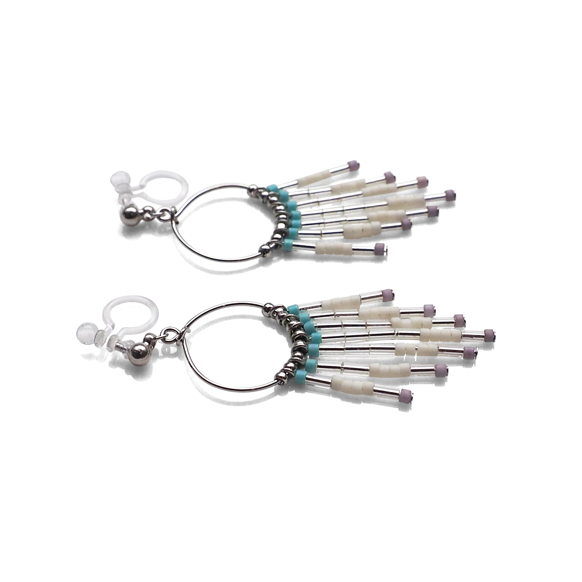 Hoop and beaded fringe invisible clip on earrings ( Silver tone ) - miyabigracejewelry.com