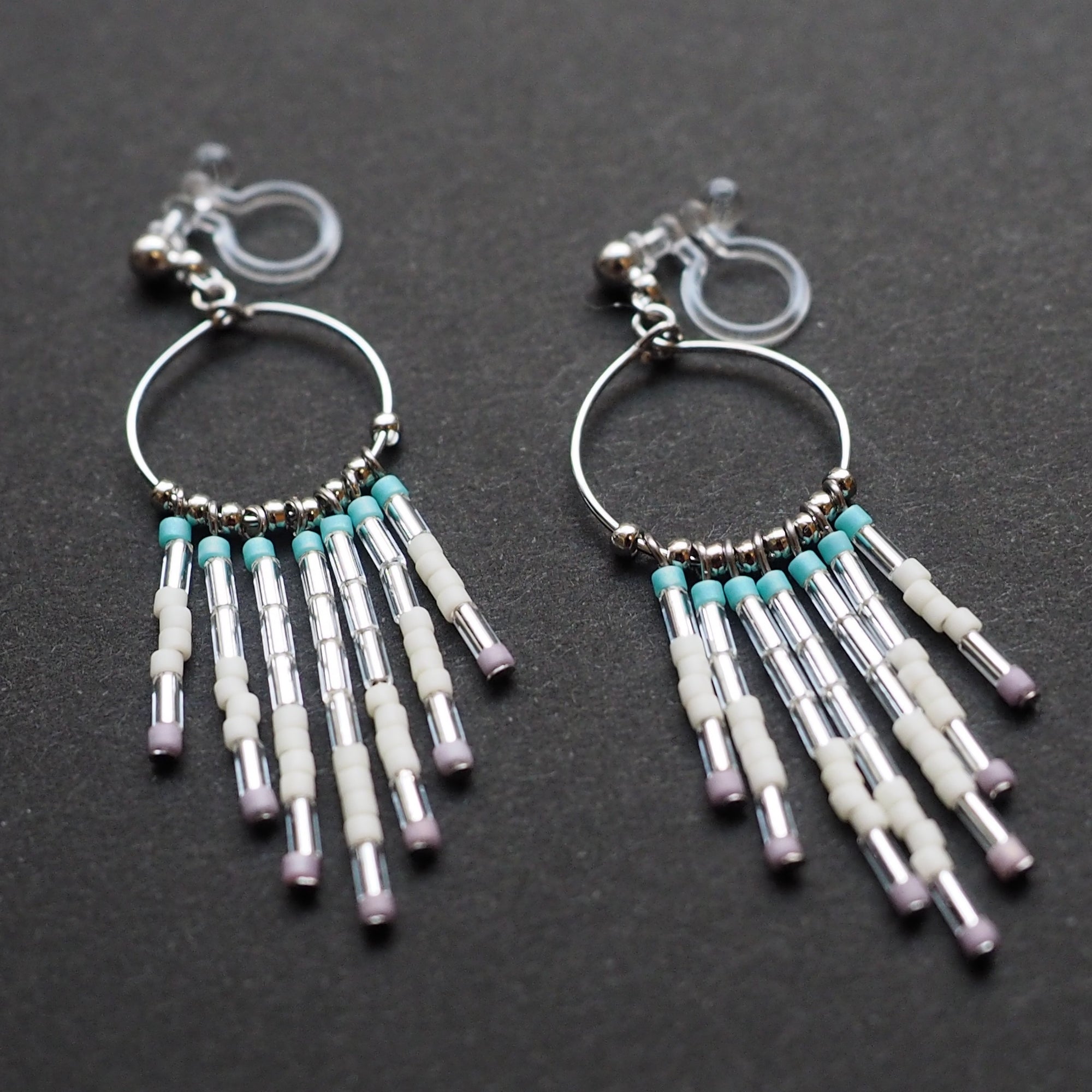 Hoop and beaded fringe invisible clip on earrings ( Silver tone ) - miyabigracejewelry.com