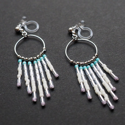 Hoop and beaded fringe invisible clip on earrings ( Silver tone ) - miyabigracejewelry.com