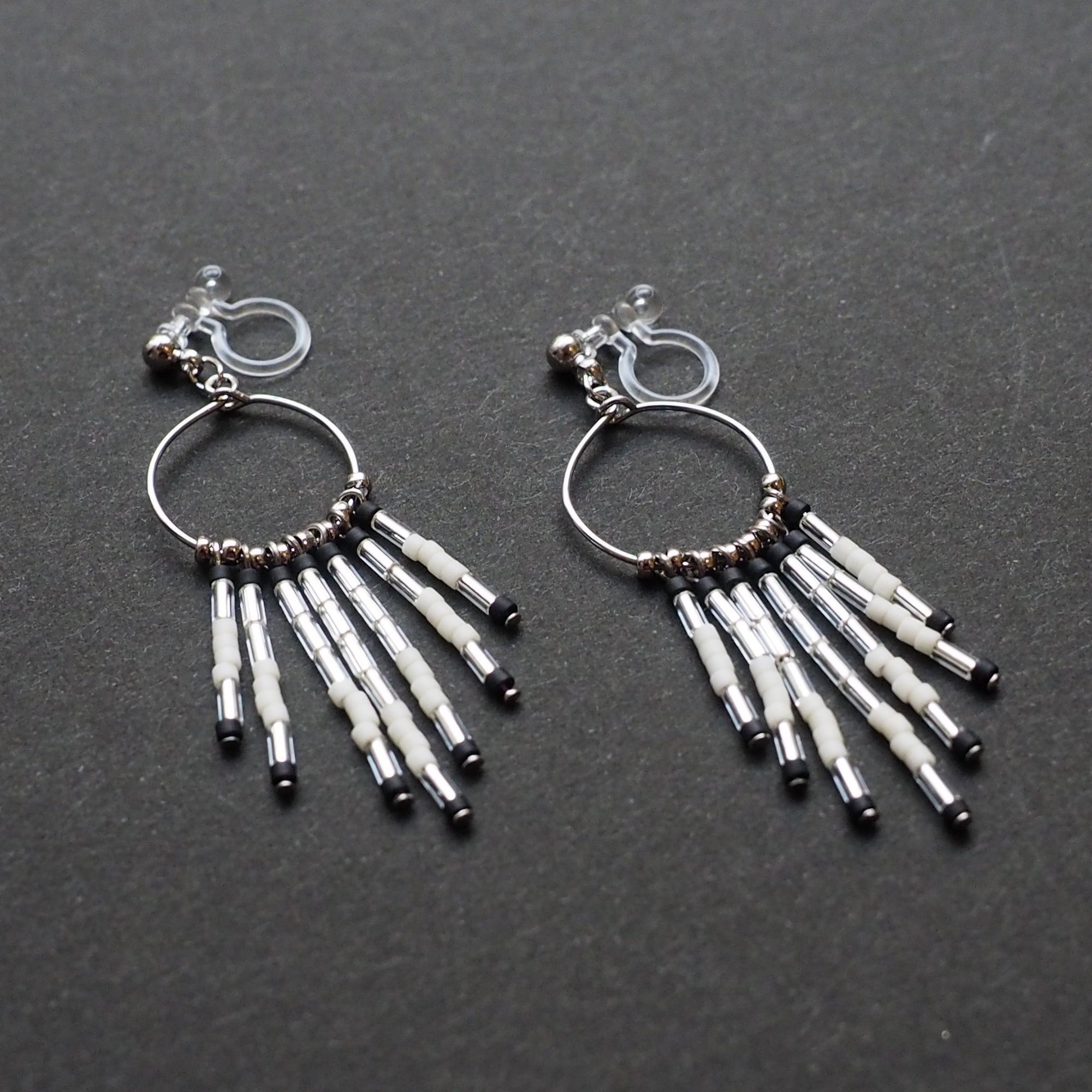 Hoop and beaded fringe invisible clip on earrings ( Silver tone ) - miyabigracejewelry.com