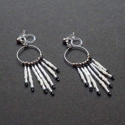 Hoop and beaded fringe invisible clip on earrings ( Silver tone ) - miyabigracejewelry.com