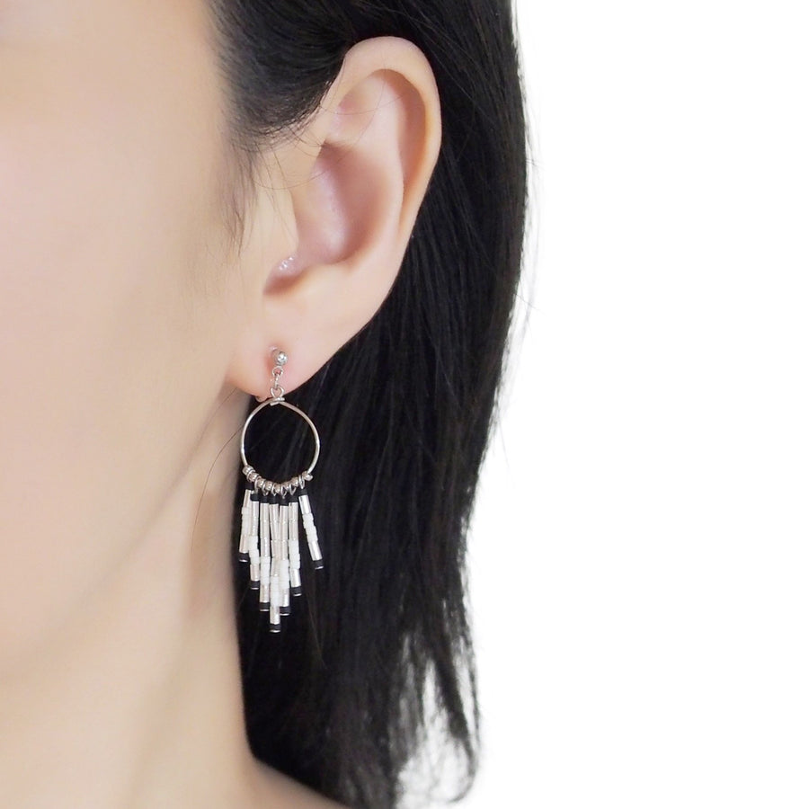Hoop and beaded fringe invisible clip on earrings ( Silver tone ) - miyabigracejewelry.com