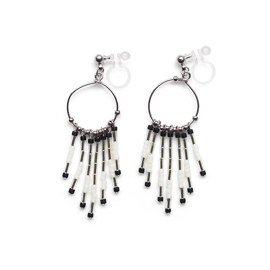 Hoop and beaded fringe invisible clip on earrings ( Silver tone ) - miyabigracejewelry.com