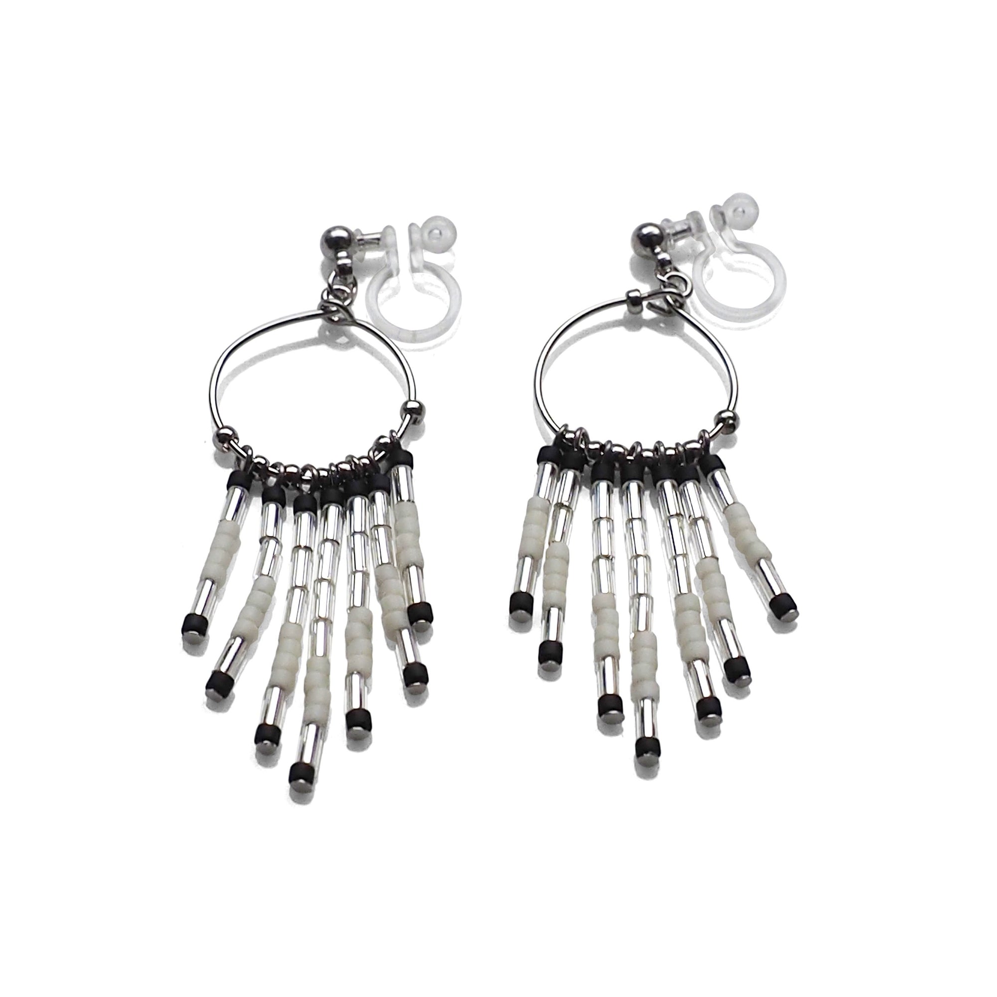 Hoop and beaded fringe invisible clip on earrings ( Silver tone ) - miyabigracejewelry.com