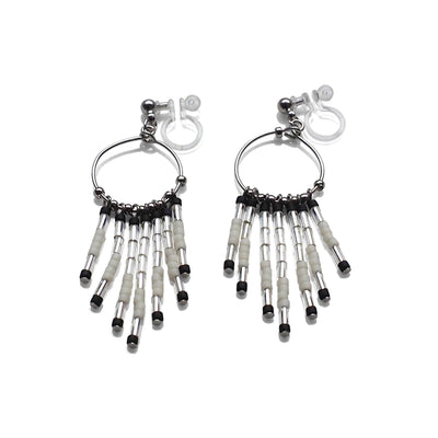 Hoop and beaded fringe invisible clip on earrings ( Silver tone ) - miyabigracejewelry.com