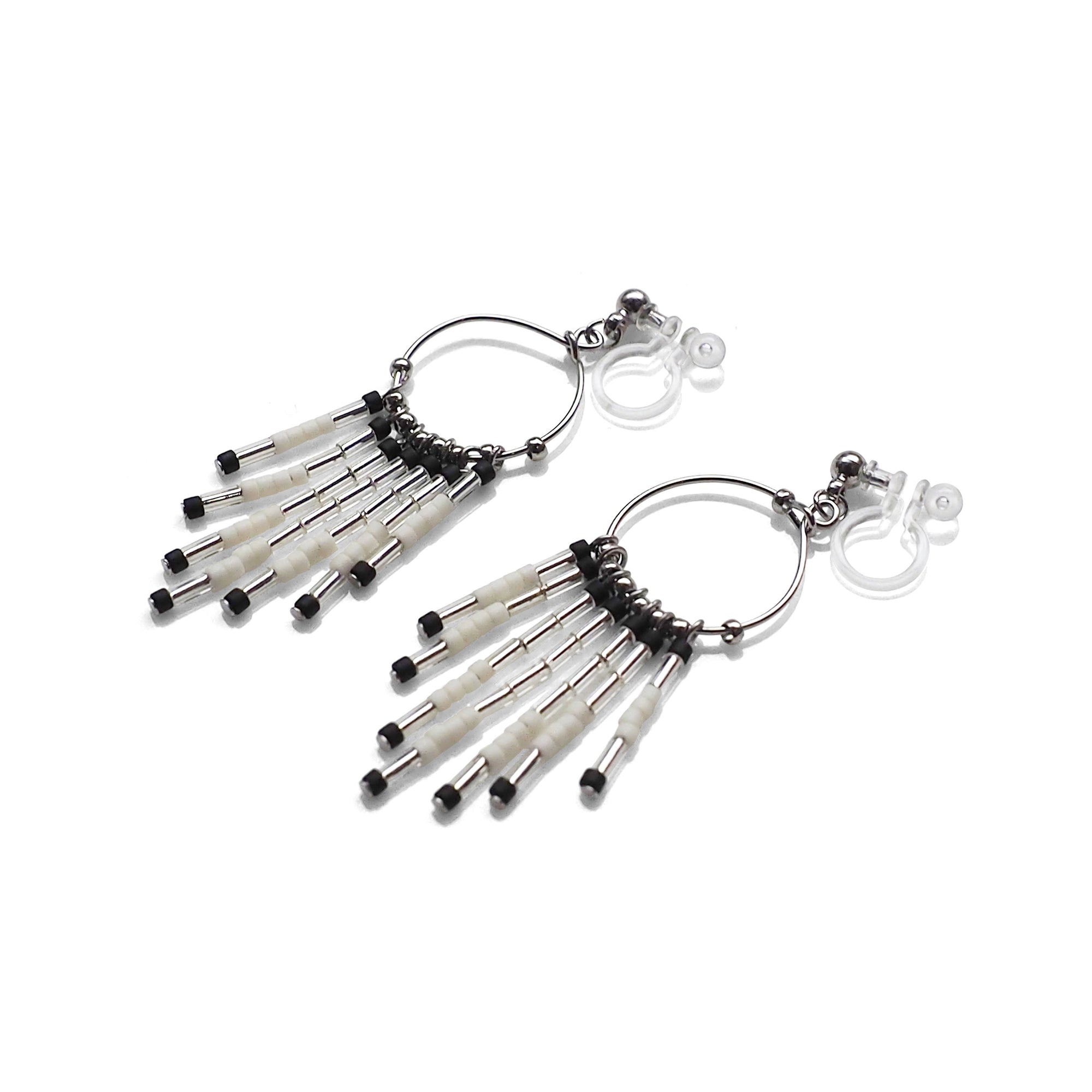 Hoop and beaded fringe invisible clip on earrings ( Silver tone ) - miyabigracejewelry.com