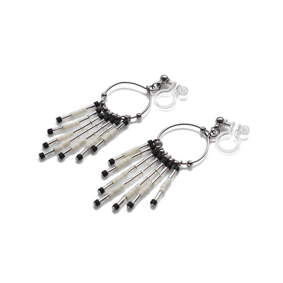 Hoop and beaded fringe invisible clip on earrings ( Silver tone ) - miyabigracejewelry.com