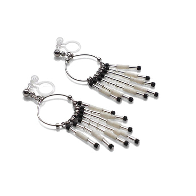 Hoop and beaded fringe invisible clip on earrings ( Silver tone ) - miyabigracejewelry.com