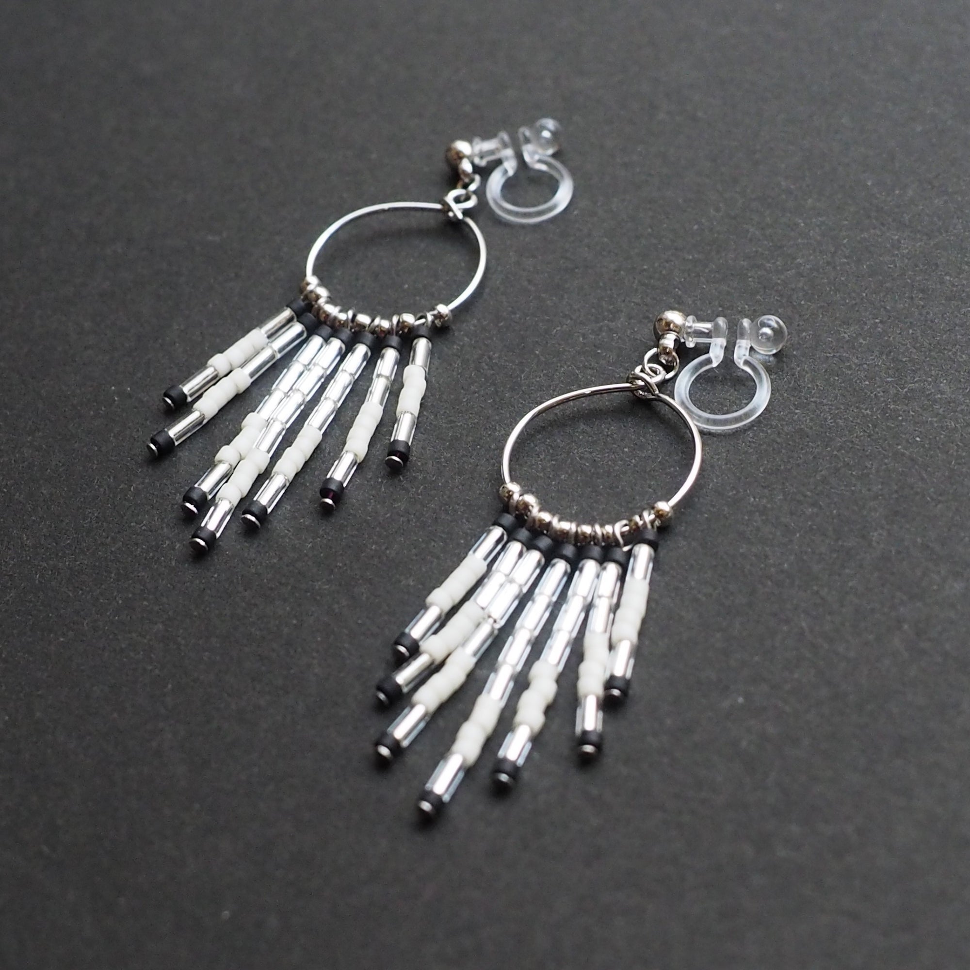 Hoop and beaded fringe invisible clip on earrings ( Silver tone ) - miyabigracejewelry.com