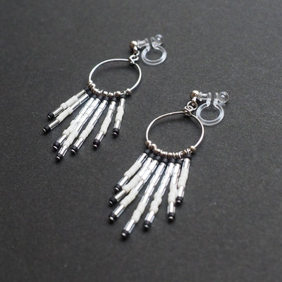 Hoop and beaded fringe invisible clip on earrings ( Silver tone ) - miyabigracejewelry.com