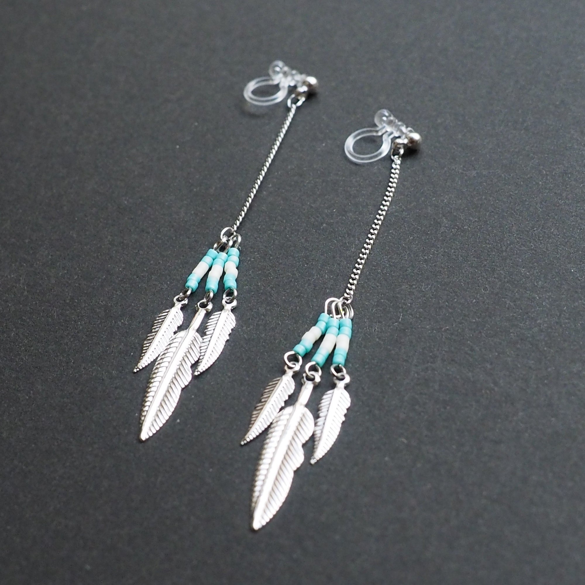 Long feather motif invisible clip on earrings ( Silver tone ) - miyabigracejewelry.com