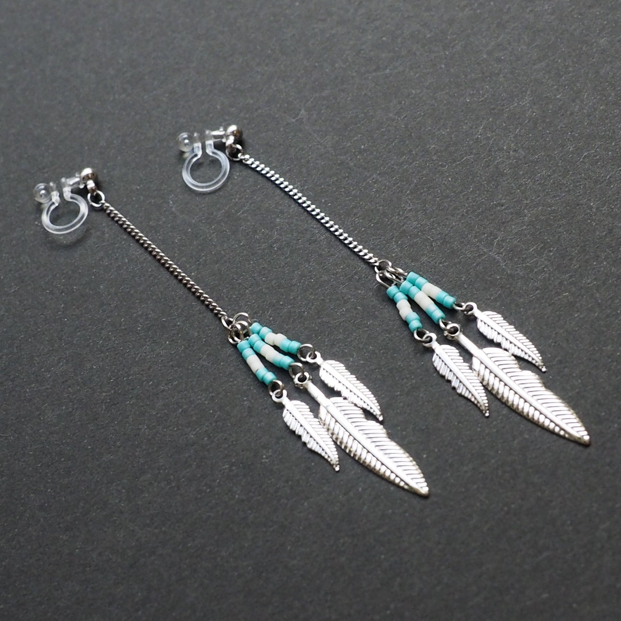 Long feather motif invisible clip on earrings ( Silver tone ) - miyabigracejewelry.com