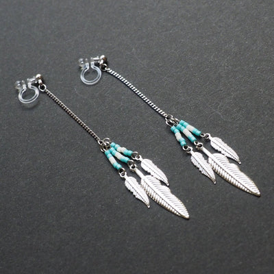 Long feather motif invisible clip on earrings ( Silver tone ) - miyabigracejewelry.com
