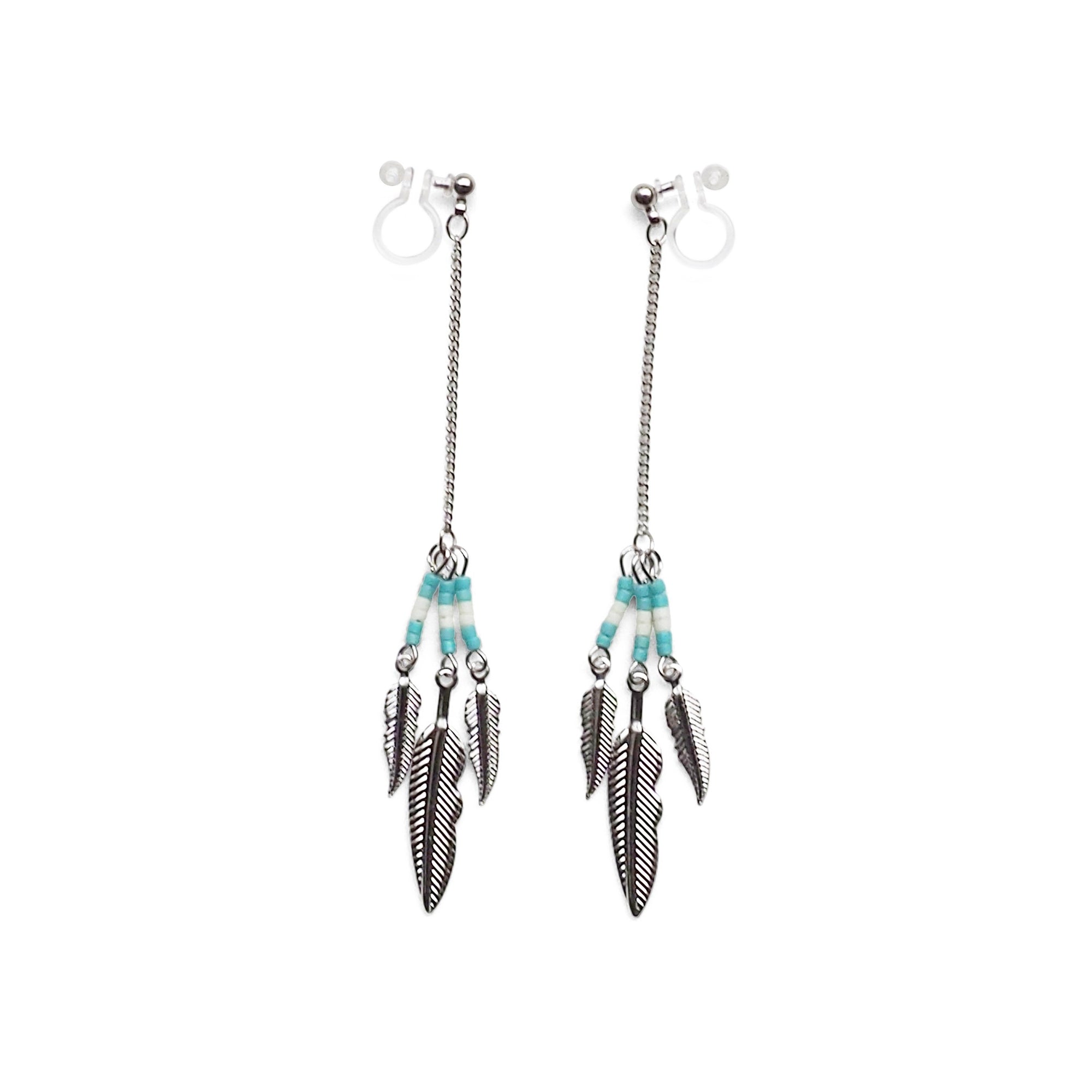 Long feather motif invisible clip on earrings ( Silver tone ) - miyabigracejewelry.com
