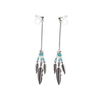 Long feather motif invisible clip on earrings ( Silver tone ) - miyabigracejewelry.com