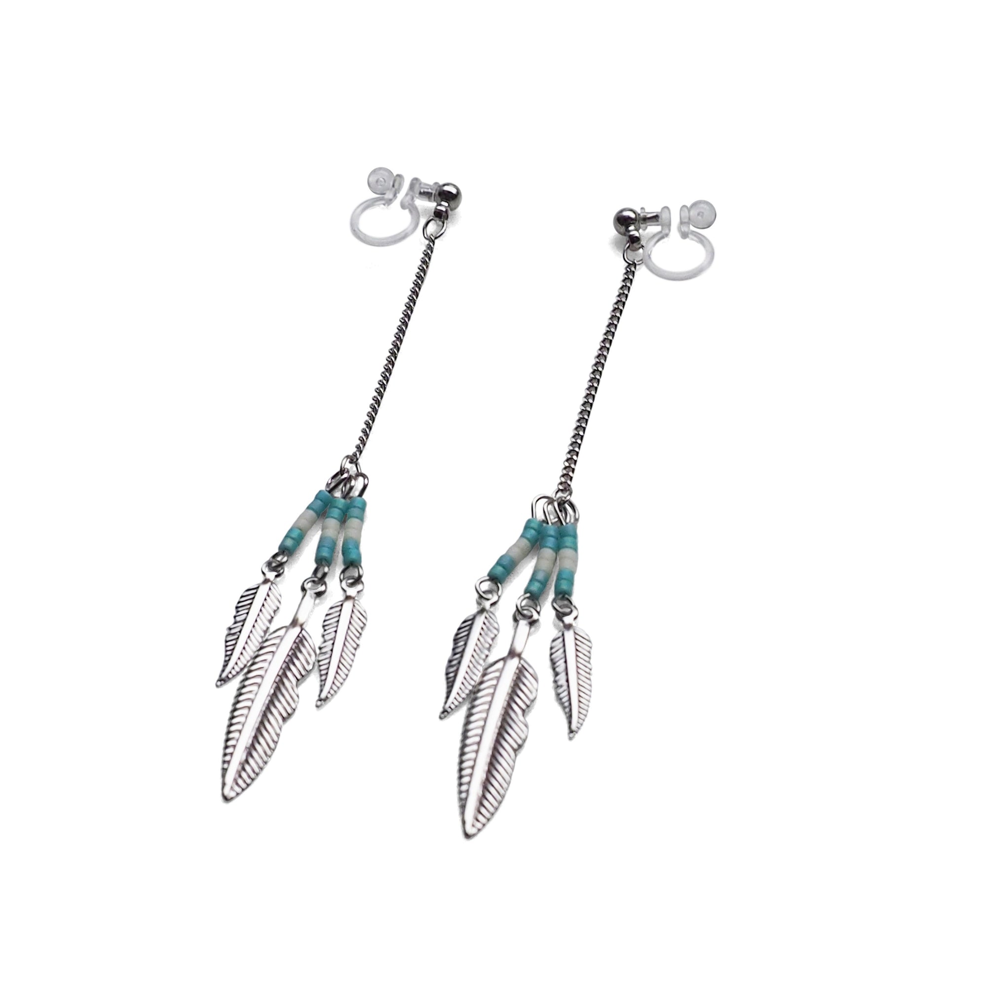 Long feather motif invisible clip on earrings ( Silver tone ) - miyabigracejewelry.com