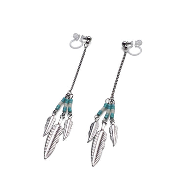 Long feather motif invisible clip on earrings ( Silver tone ) - miyabigracejewelry.com