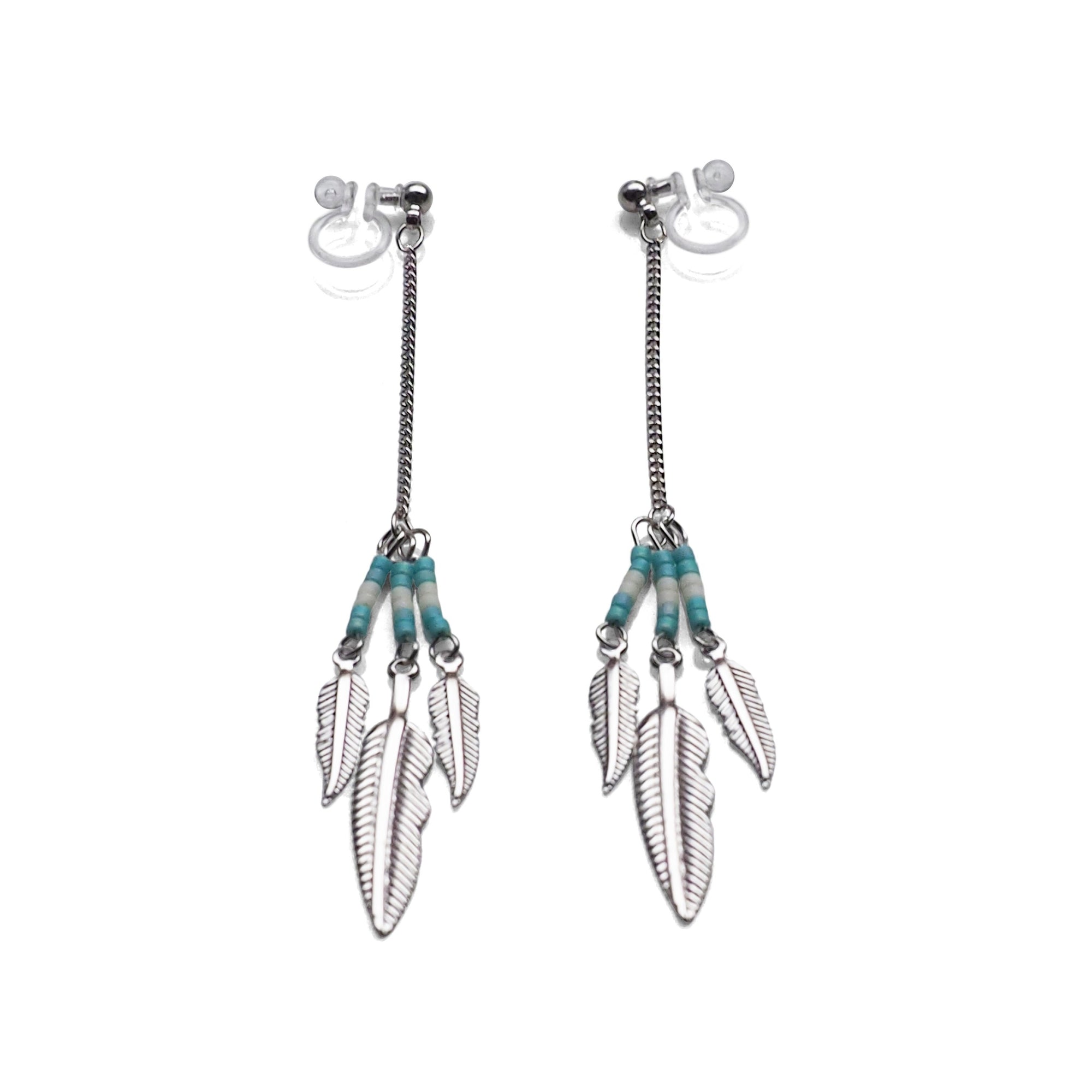 Long feather motif invisible clip on earrings ( Silver tone ) - miyabigracejewelry.com