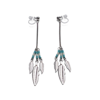 Long feather motif invisible clip on earrings ( Silver tone ) - miyabigracejewelry.com