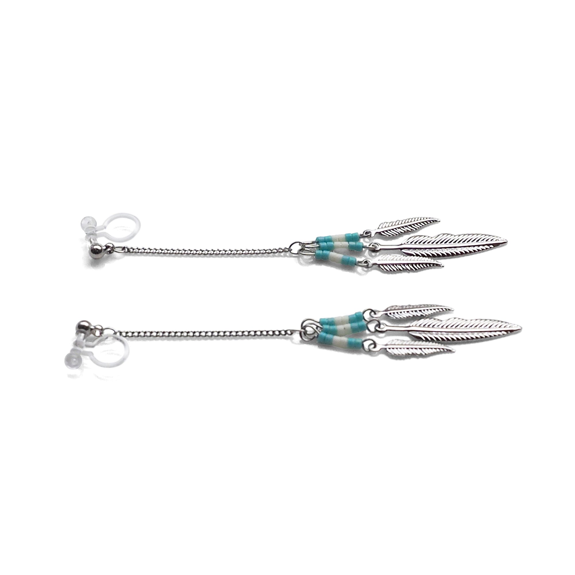 Long feather motif invisible clip on earrings ( Silver tone ) - miyabigracejewelry.com