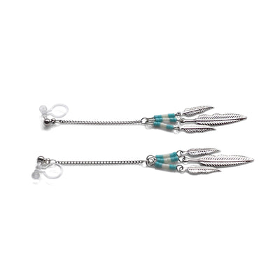 Long feather motif invisible clip on earrings ( Silver tone ) - miyabigracejewelry.com