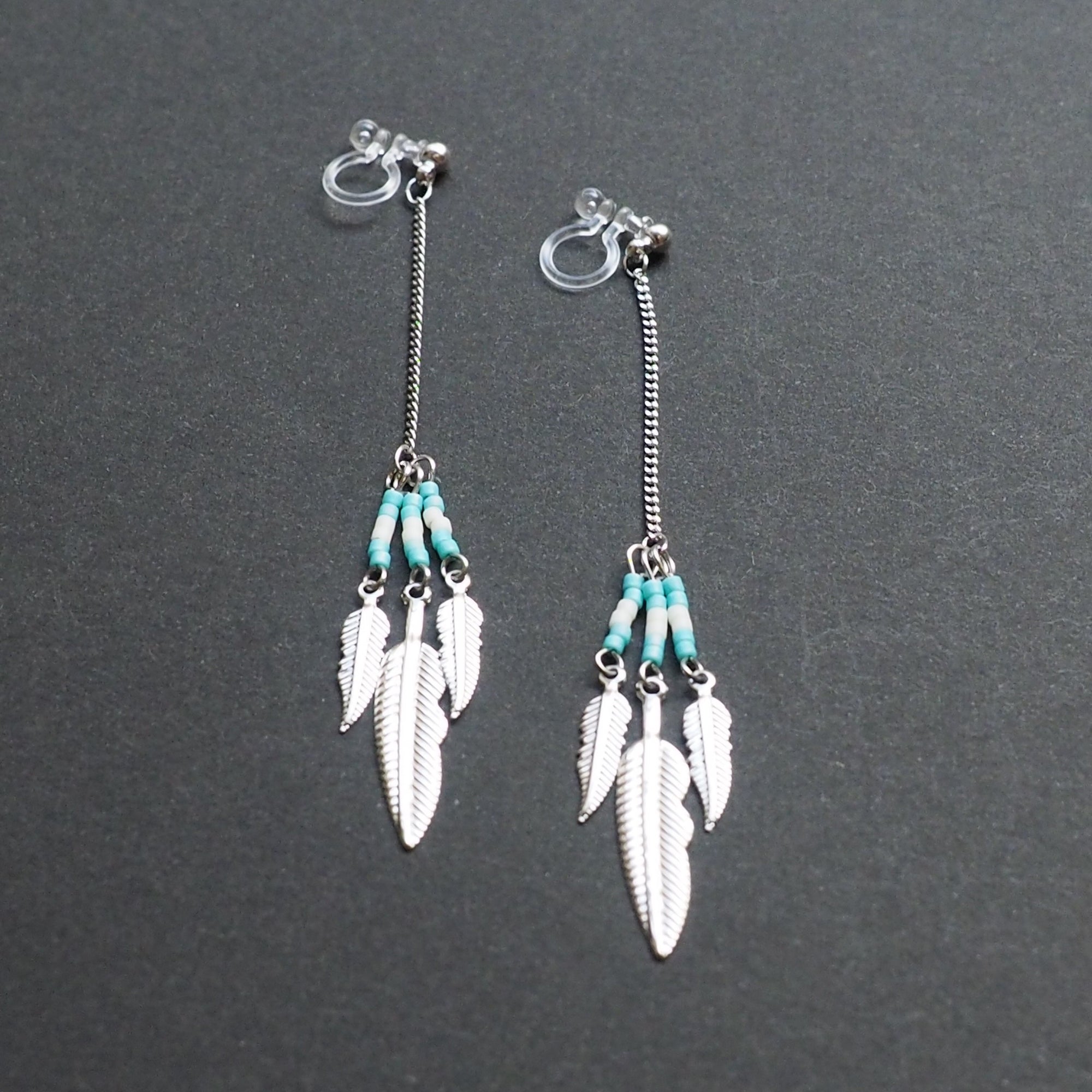 Long feather motif invisible clip on earrings ( Silver tone ) - miyabigracejewelry.com