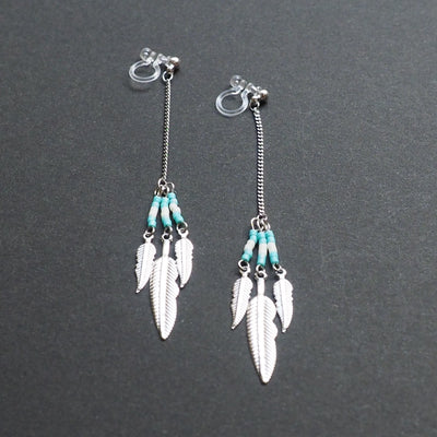 Long feather motif invisible clip on earrings ( Silver tone ) - miyabigracejewelry.com