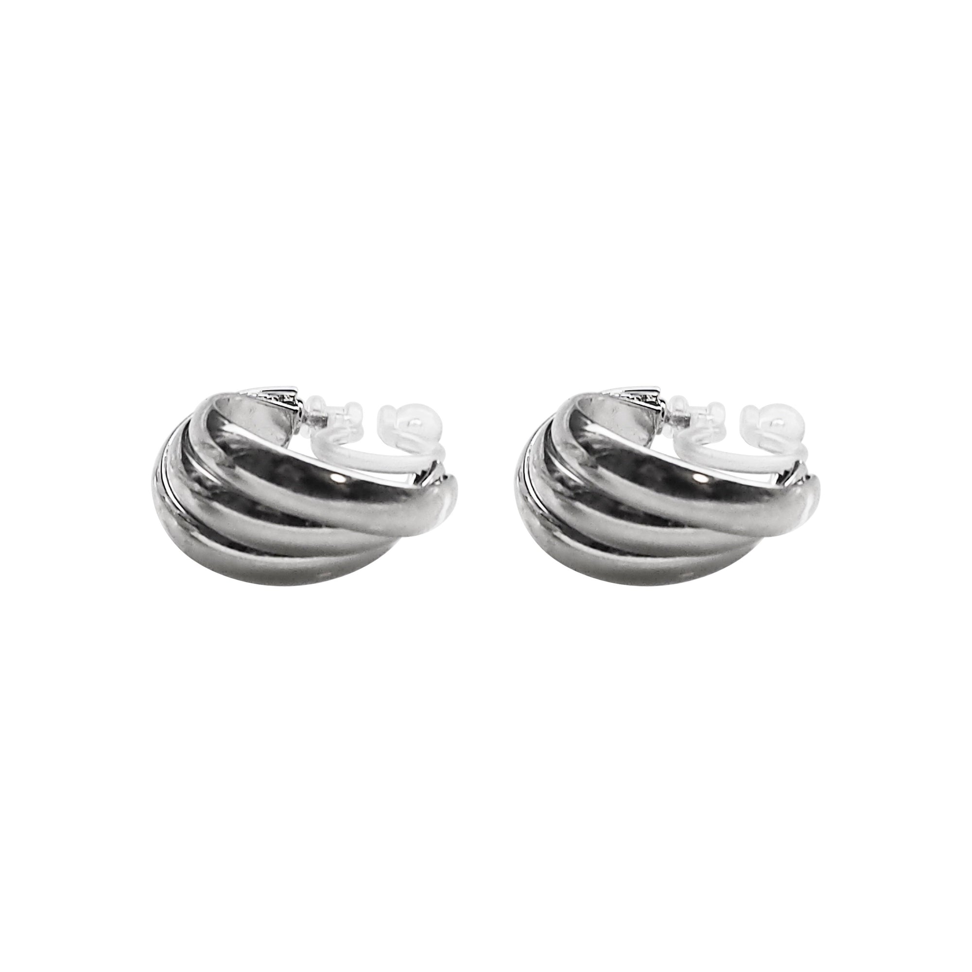 Silver Huggie Crossed Invisible Clip On Hoop Earrings - Miyabi Grace