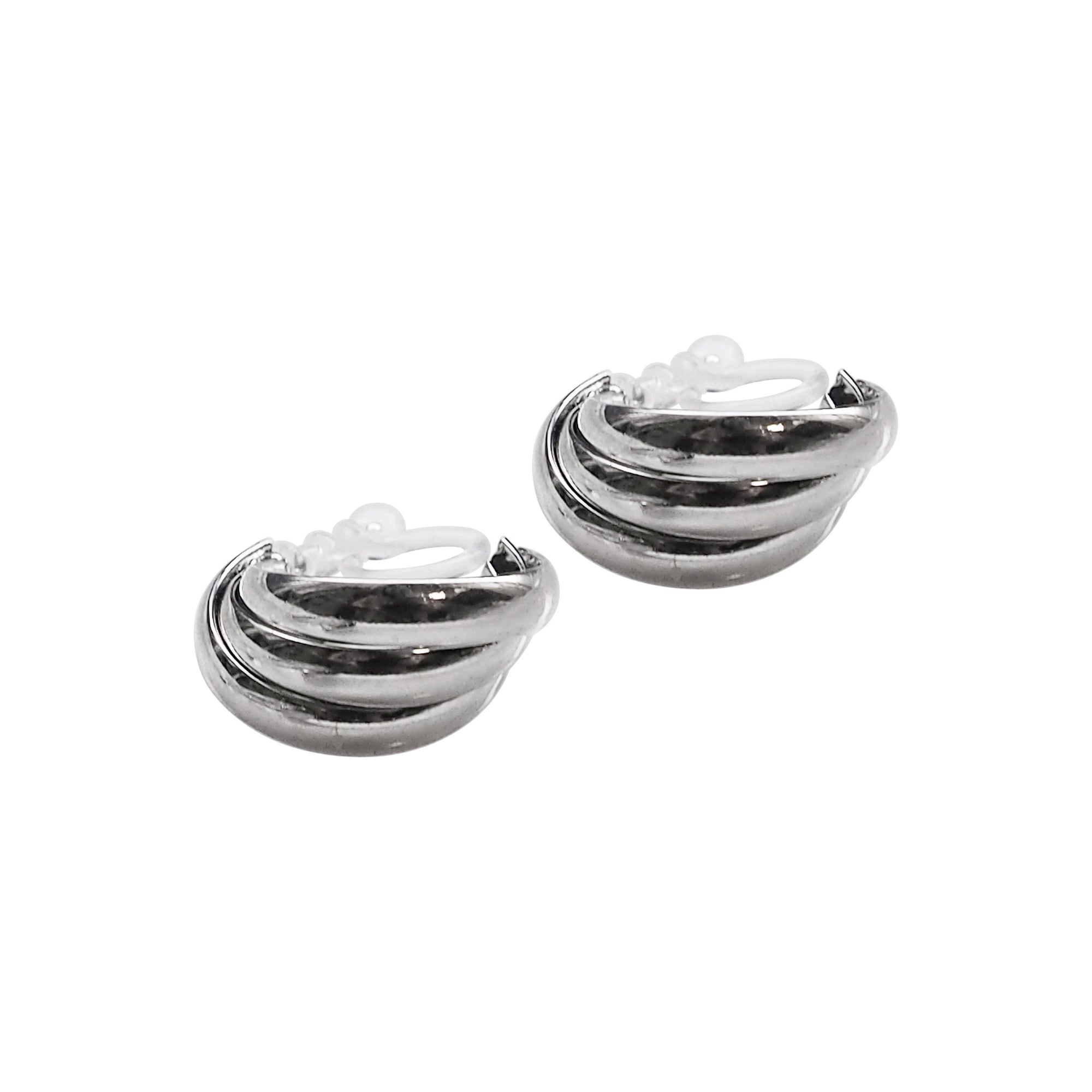Silver Huggie Crossed Invisible Clip On Hoop Earrings - Miyabi Grace