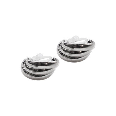 Silver Huggie Crossed Invisible Clip On Hoop Earrings - Miyabi Grace