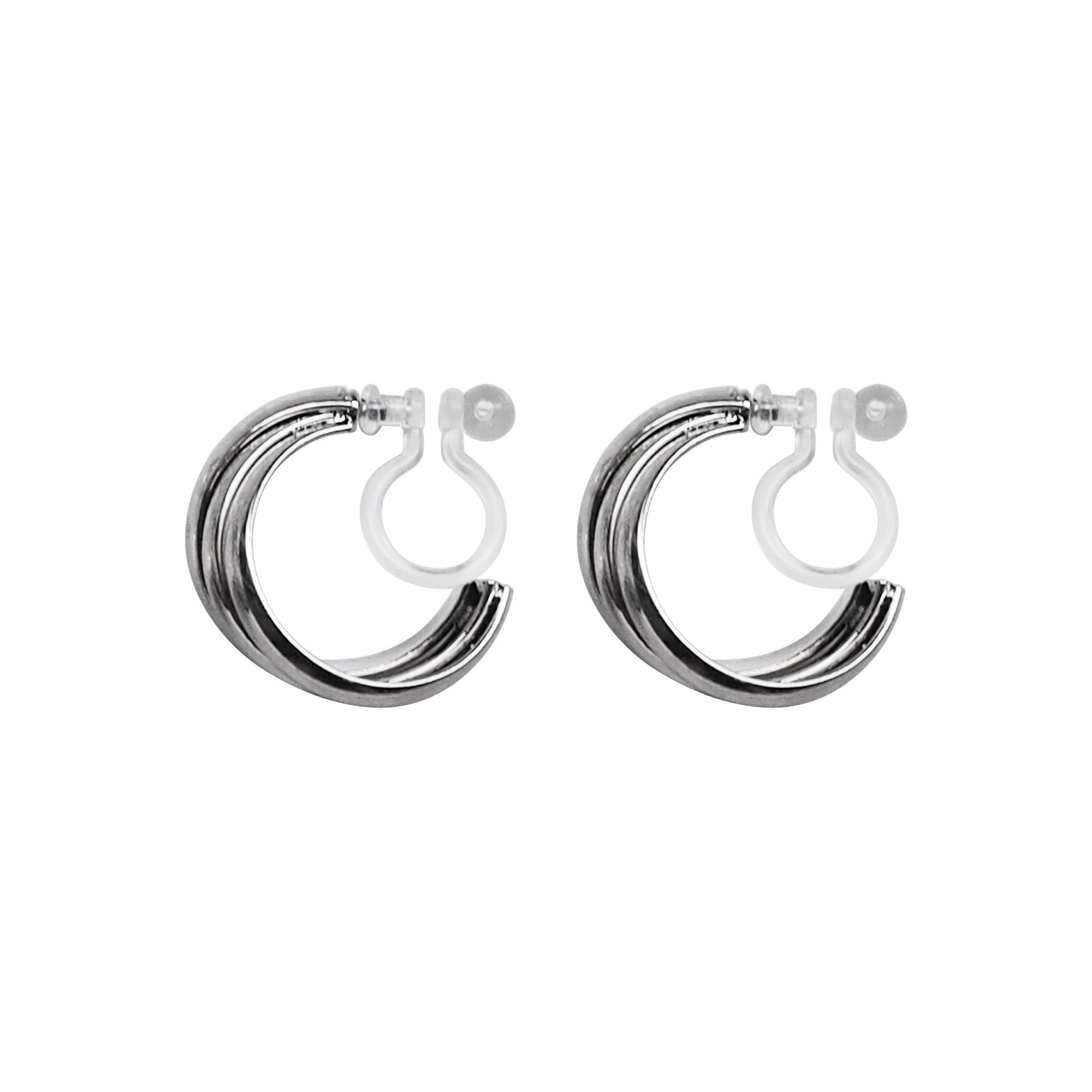 Silver Huggie Crossed Invisible Clip On Hoop Earrings - Miyabi Grace