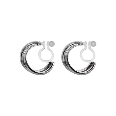 Silver Huggie Crossed Invisible Clip On Hoop Earrings - Miyabi Grace