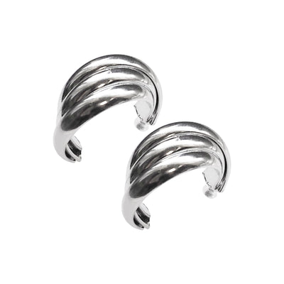 Silver Huggie Crossed Invisible Clip On Hoop Earrings - Miyabi Grace