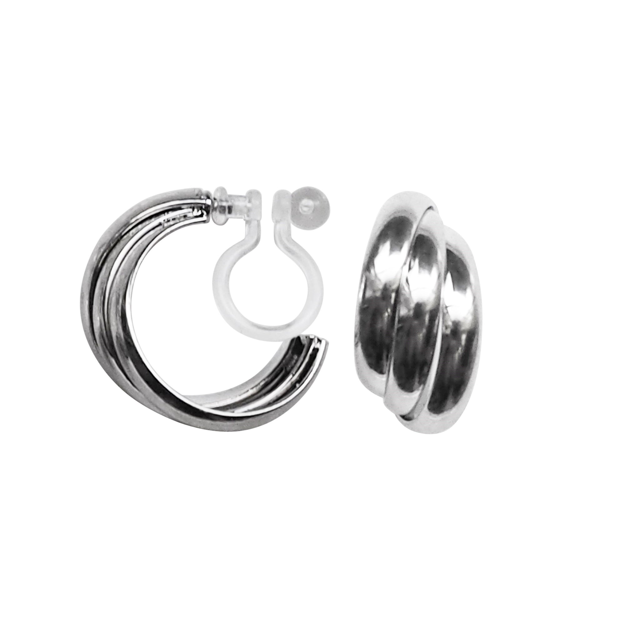 Silver Huggie Crossed Invisible Clip On Hoop Earrings - Miyabi Grace