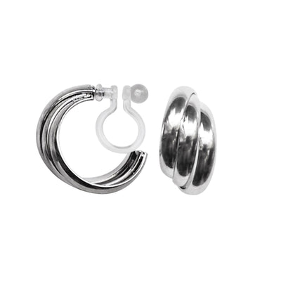 Silver Huggie Crossed Invisible Clip On Hoop Earrings - Miyabi Grace