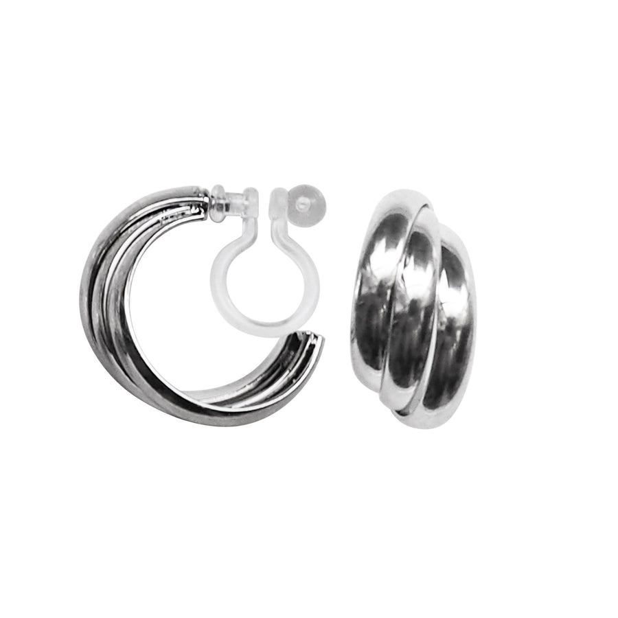 Silver Huggie Crossed Invisible Clip On Hoop Earrings - Miyabi Grace