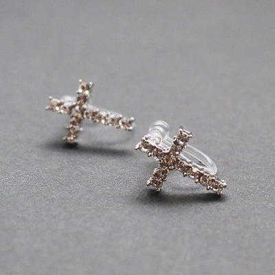 Crystal Cross Invisible Clip On Stud Earrings - Miyabi Grace