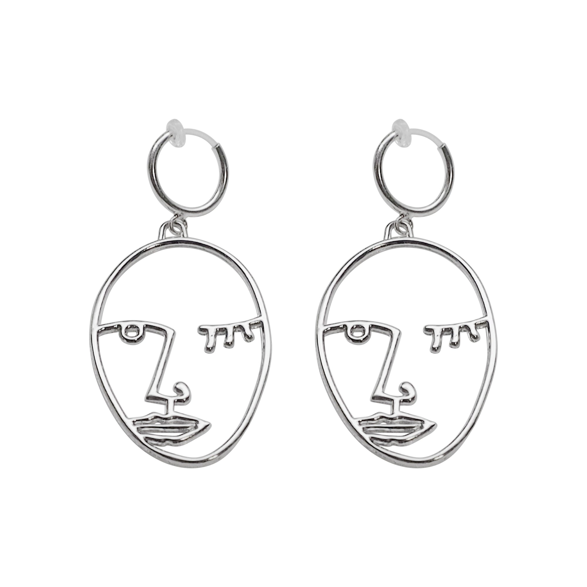 Silver Picasso human face clip on hoop earrings - Miyabi Grace