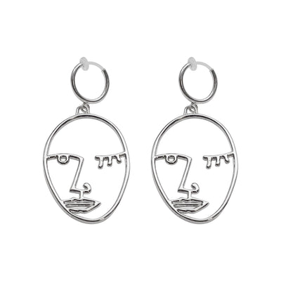 Silver Picasso human face clip on hoop earrings - Miyabi Grace