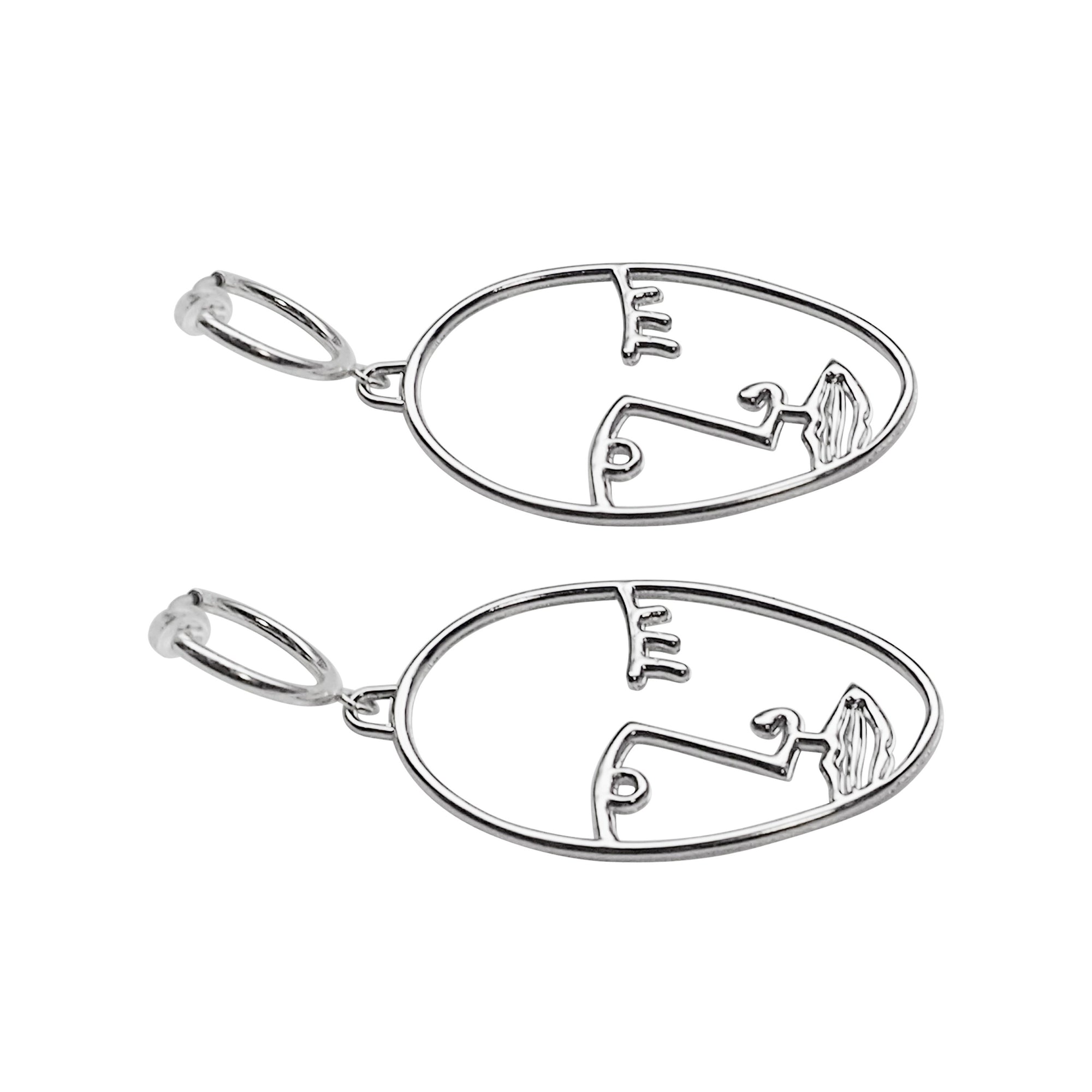 Silver Picasso human face clip on hoop earrings - Miyabi Grace